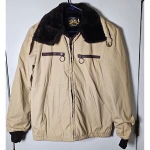 Vintage Ideal Men Tan Faux Fur Collar Bomber Jacket Size 38 Khaki Full Zip